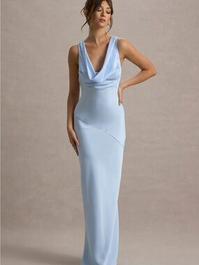 Club L London | Dresses | Mademoiselle Champagne Satin Asymmetric Scarf  Neck Backless Maxi Dress | Poshmark